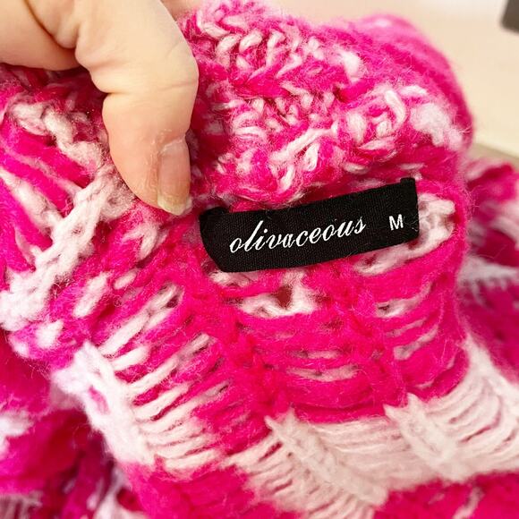 Olivaceous Checkered Print Open Oversized Cardigan Sweater Pink Medium - Picture 3 of 5